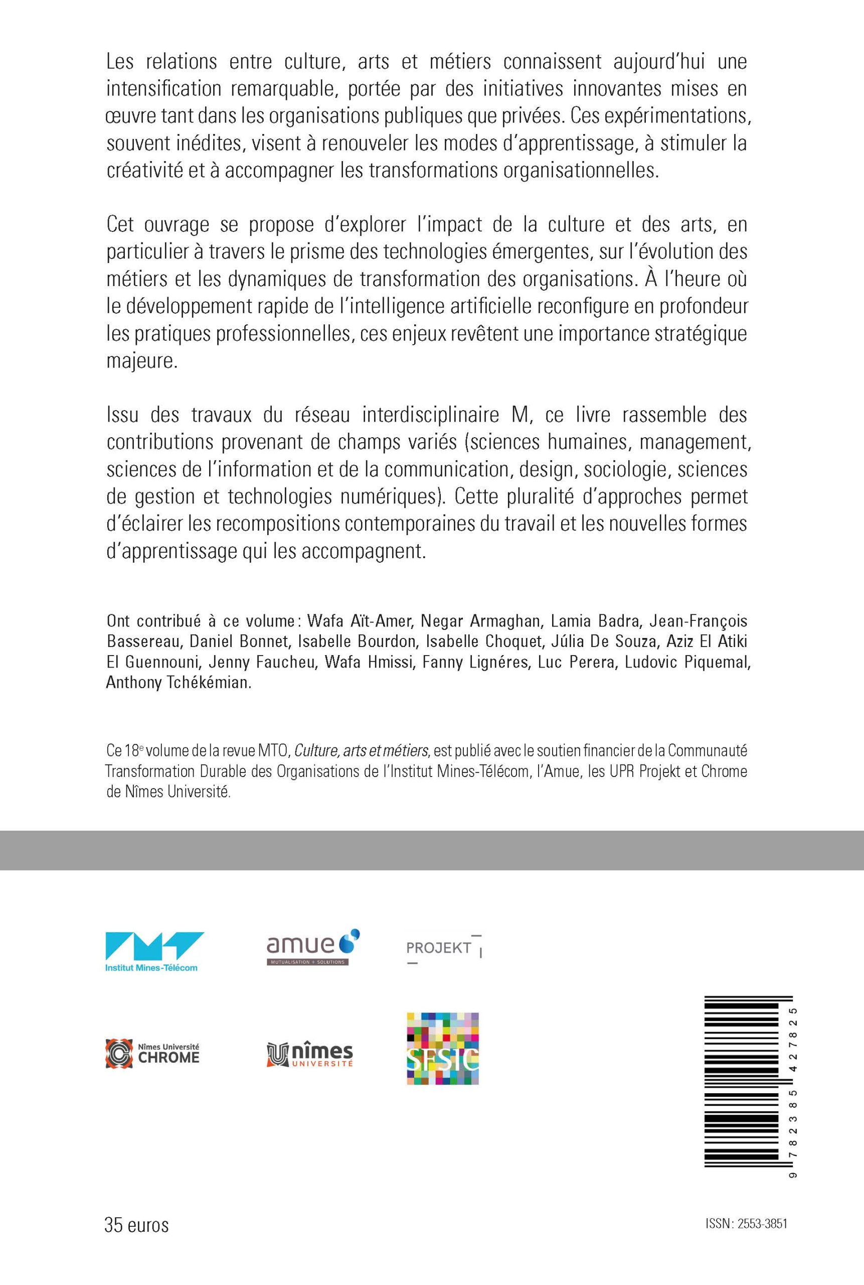 4e de couverture du livre Culture, arts et métiers MTO18 Presses des Mines